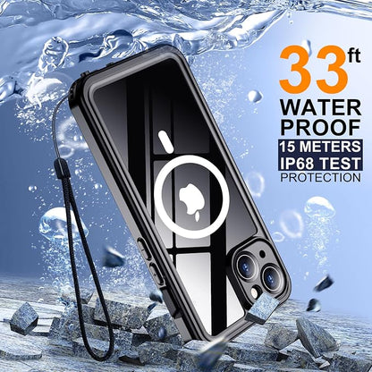 Temdan Magnetic for iPhone 15 Plus Case Waterproof,Built-in Screen Protector [IP68 Underwater][15FT Military Dropproof][Dustproof][Compatible with MagSafe] 360 Full-Body Shockproof iPhone Case-Black