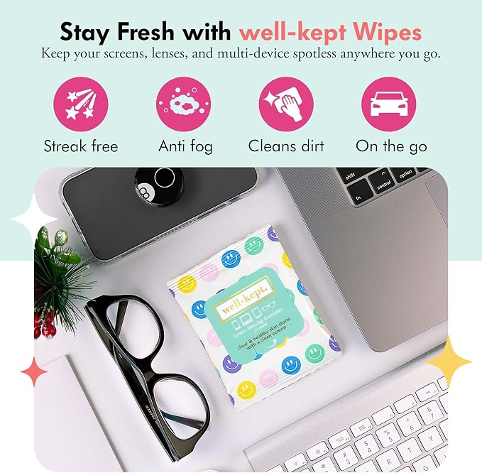 Well-Kept Tech & Lens Wipes - Eyeglass, Screen & Phone Cleaning, Multi-Surface, Lint-Free, Pre Moistened, Streak-Free & Non Scratching - All Smiles, 6 Pack (90 Count)