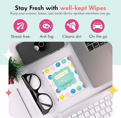 Well-Kept Tech & Lens Wipes - Eyeglass, Screen & Phone Cleaning, Multi-Surface, Lint-Free, Pre Moistened, Streak-Free & Non Scratching - All Smiles, 6 Pack (90 Count)