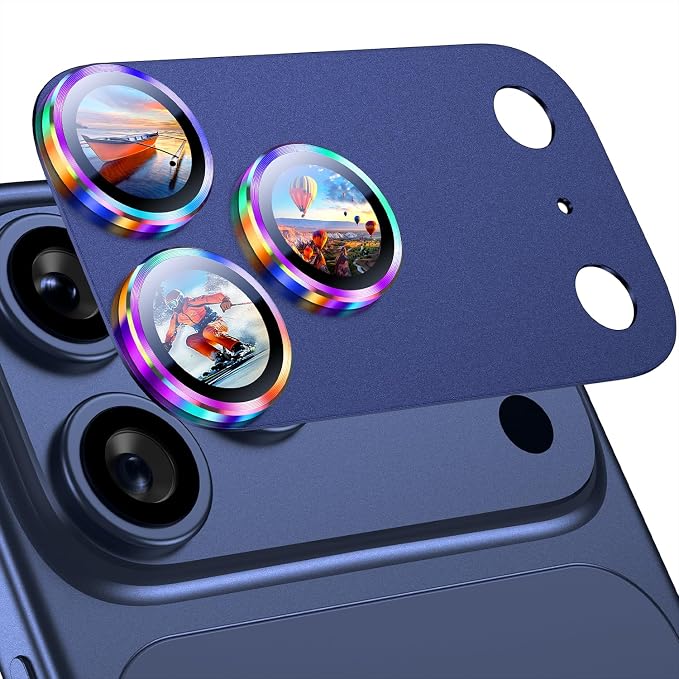 Uyiton for iPhone 17 Pro Max Camera Lens Protector, Not Easy to Break [Strong Adsorption][Case-Friendly] Metal Tempered Glass Rear Camera Screen Cover, Colorful Blue