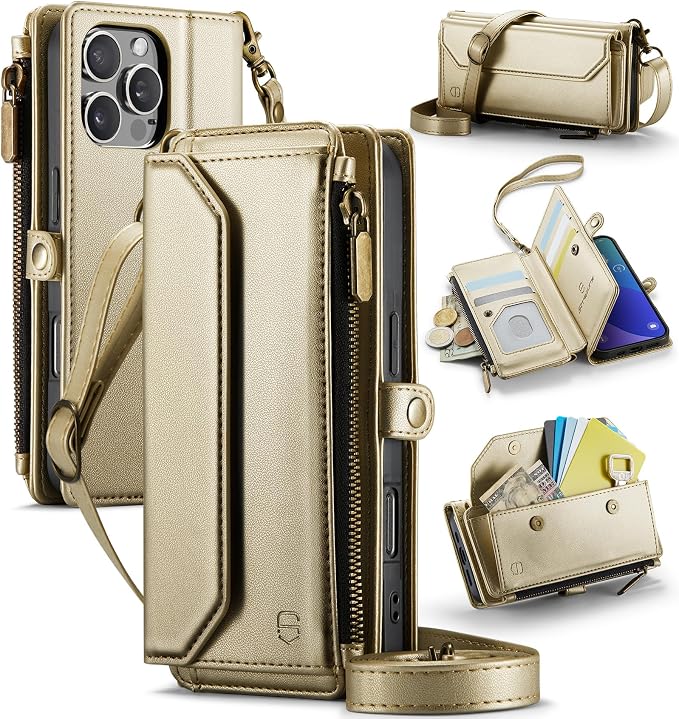 Strapurs Wallet Case Compatible with iPhone 16 Pro 6.3" RFID Blocking 10-Card Holder Soft PU Leather Magnetic Snap Shoulder Strap Zipper Pocket Phone Case Fit for iPhone 16 Pro for Women - Gold