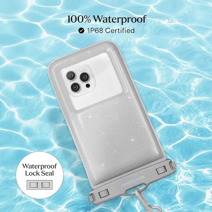 VELVET CAVIAR Waterproof Phone Pouch with Lanyard | IP68 Floating Case for iPhone & All Phones | Dry Bag for Snorkeling, Beach, Kayaking | Travel & Cruise Essentials for Women (Silver Stardust)