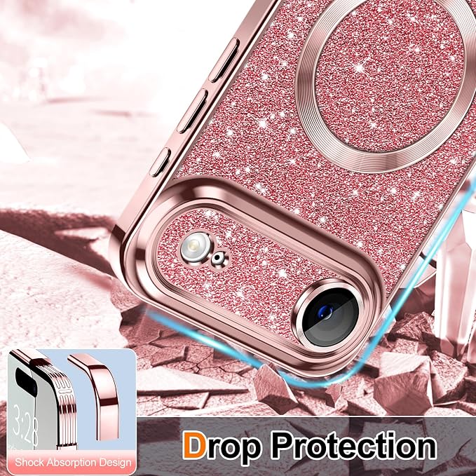Hython for iPhone Air Case Glitter Clear Magnetic Phone Cases [Compatible with MagSafe] Full Camera Lens Protector Sparkle Luxury Plating Slim Shockproof Protective Cover Women, Pink