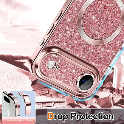 Hython for iPhone Air Case Glitter Clear Magnetic Phone Cases [Compatible with MagSafe] Full Camera Lens Protector Sparkle Luxury Plating Slim Shockproof Protective Cover Women, Pink