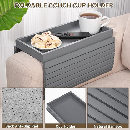 Bamboo Sofa Arm Tray, Anti-Dropping Couch Arm Tray, Foldable Sofa Armrest Tray Couch Arm Table for Eats, Drinks, Snacks, Remote, Cellphone, Cup Holder, Back Anti-Slip Pad Design