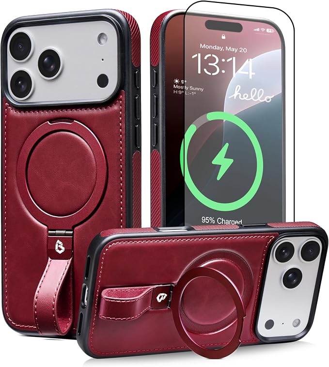 for iPhone 17 Pro Leather Case with Stand, Anti-Slip Grip Ring, Fits for MagSafe (Burgundy, iPhone 17 Pro)