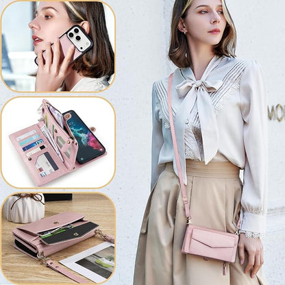 Compatible with iPhone 17 Pro 6.3" Wallet Case with RFID Blocking Card Holder for Women, PU Leather Flip Zipper Wallet Detachable Magnetic Phone Case Crossbody Strap, Pink