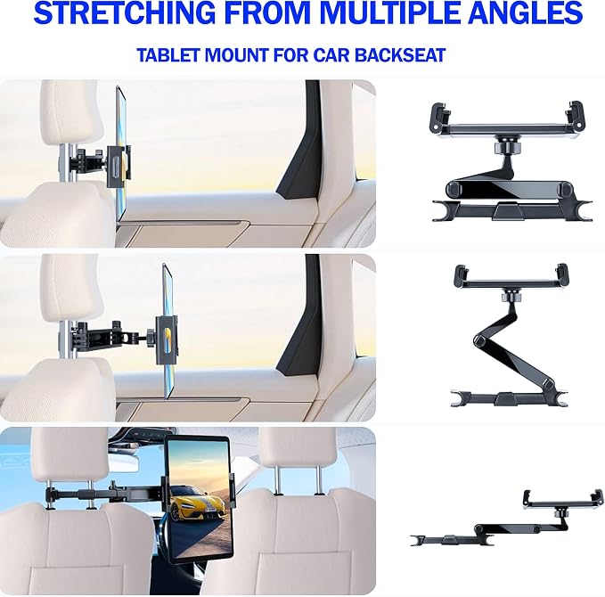Car Headrest Tablet Holder 2 Pack, Ipad Holder for car Backseat, iPad Headrest Mount for 5.3-12.9" iPads/Phones, Car Tablet Holder with 360° Adjustable Rotating, Road Trip Essentials (Black)