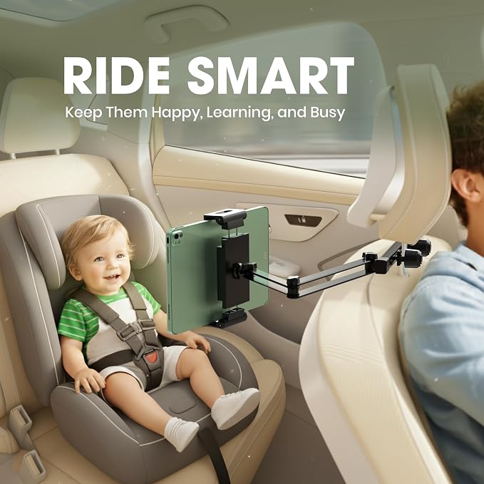 ZIRKA Car Headrest Tablet and Phone Holder – Adjustable Back Seat Mount for iPad, iPhone, Samsung – Heavy Duty Aluminium arm, 360° Rotation, for Kids, Travel, Road Trips, Fits 6”–19” Devices