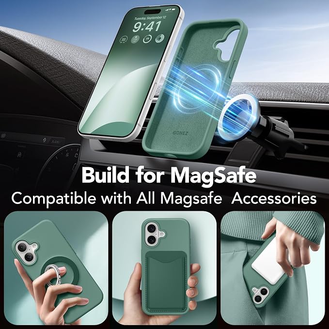 GONEZ Magnetic for iPhone 16 Case, Compatible with MagSafe, [Screen Protector + Camera Lens Protector], Liquid Silicone Shockproof Protective Phone Case for iPhone 16 6.1", Midnight Green