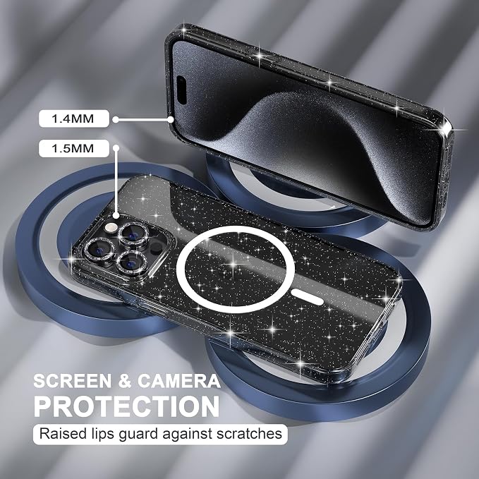 Choiche for iPhone 15 Pro Max Case Magnetic, Women Clear Glitter Bling Sparkly Case, [3xDiamond Camera Lens Protectors] [2xTempered Glass Screen Protectors] [Compatible MagSafe] (Glitter Black)