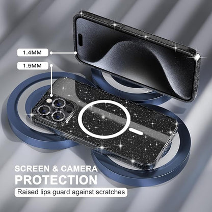Choiche for iPhone 15 Pro Case Magnetic, Women Clear Glitter Bling Sparkly Case, [3xDiamond Camera Lens Protectors] [2xTempered Glass Screen Protectors] [Compatible MagSafe] (Glitter Clear)