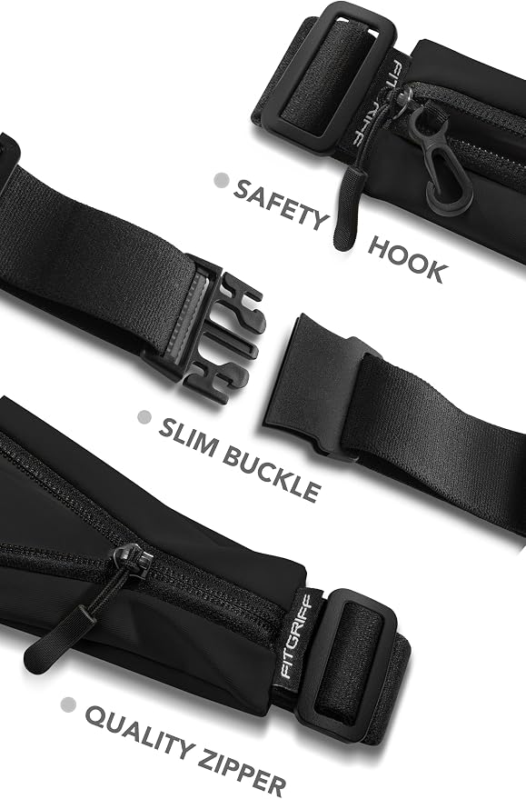 Fitgriff® Running Belt V2 for Men & Women - Slim Fanny Pack, Phone Holder for Jogging, (Fits All Cell Phones) - Money Belt, Runners Waist Pouch (Black, One Size (Waist 24.4 – 43.3 inches))
