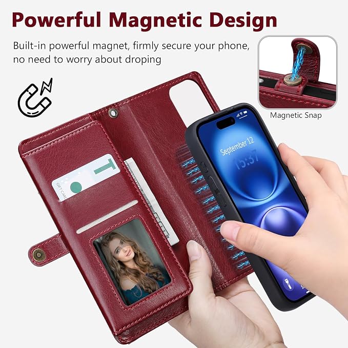 Wallet Case for iPhone 16 with Card Holder/Crossbody Wallet/Strap| RFID Blocking | Magnetic | Kickstand | Detachable | PU Leather Phone Case for iPhone 16,6.1 in,Wine Red