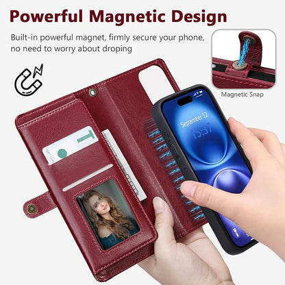 Wallet Case for iPhone 16 with Card Holder/Crossbody Wallet/Strap| RFID Blocking | Magnetic | Kickstand | Detachable | PU Leather Phone Case for iPhone 16,6.1 in,Wine Red