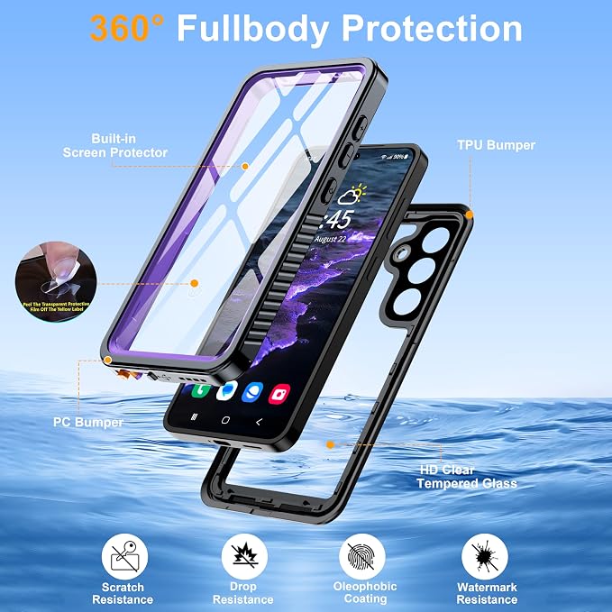 for Samsung Galaxy S25 Case, IP68 Waterproof with Built-in Screen&Lens Protector [14FT Military Shockproof] Full Body Heavy Duty Protective Phone Case for S25 5G, Purple
