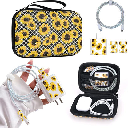 Cute Phone Charger Protector Set with Storage bag Case Yellow Sunflowers Travel Carrying Bag Data Cable 20W USB Charger Data Line Cable Protector Cord Organizer, Lightning Cable Chomper,Charger Saver