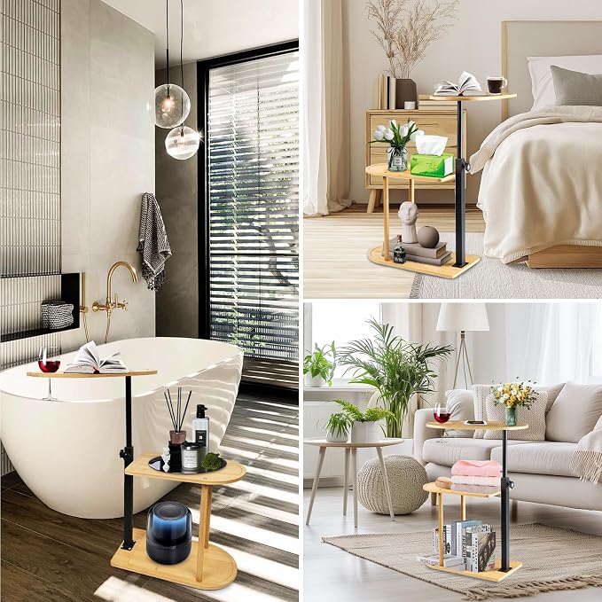 3 Layer Bamboo Bathtub Tray Table, Modern Design with 360 Swivel, Height Adjustable, Phone & Wine Glass Slots, Space-Saving for Bathroom, Bedroom, Kitchen