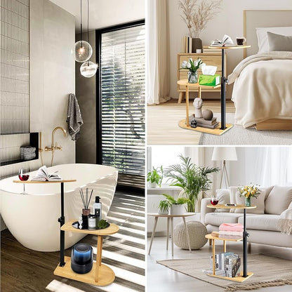 3 Layer Bamboo Bathtub Tray Table, Modern Design with 360 Swivel, Height Adjustable, Phone & Wine Glass Slots, Space-Saving for Bathroom, Bedroom, Kitchen