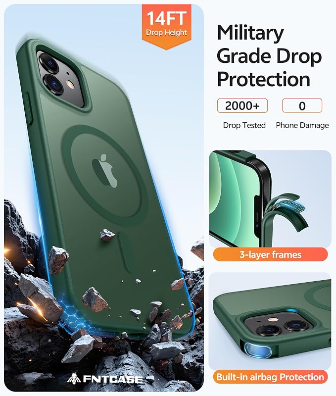 FNTCASE for iPhone 13 Mini Case: for iPhone 12 Mini Case [Compatible with Magsafe] Translucent Matte Magnetic Phone Cover - Military Grade Drop Protection Shockproof Protective Cases - Green