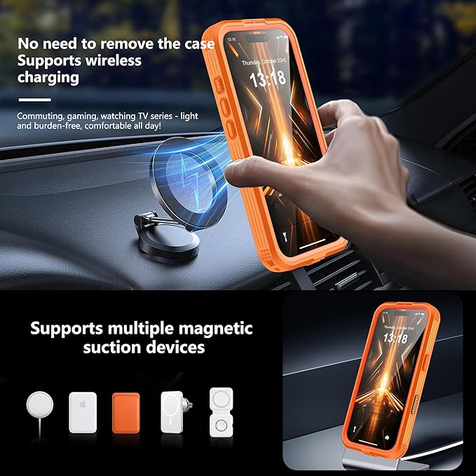 GOLDJU Magnetic for iPhone 17 Pro Case-Waterproof, Built-in Screen & Camera Protector-IP68 Underwater Full Body 16FT Military Dropproof Shockproof Case for 17 Pro 6.3''- Orange