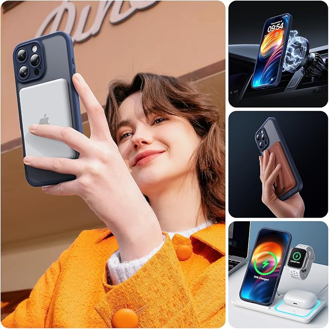 TOCOL Magnetic for 16 pro max Phone case, Upgraded Full Camera Protection, Compatible with Magsafe, 16FT Drop Protection, Translucent Matte Back Bumper Cover for 6.9-Inch（Dark Blue）