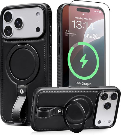 for iPhone 17 Pro Leather Case with Stand, Anti-Slip Grip Ring, Fits for MagSafe (Black, iPhone 17 Pro)