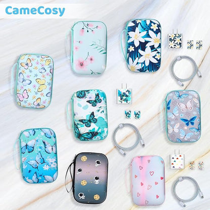 CameCosy Cute Phone Charger Case Storage Set with Lovely Butterfly Cable Protector, Carrying Case Bag, Cable Organizer, USB Earphone Wire Saver Charger Protector for iPhone (Bright Blue)
