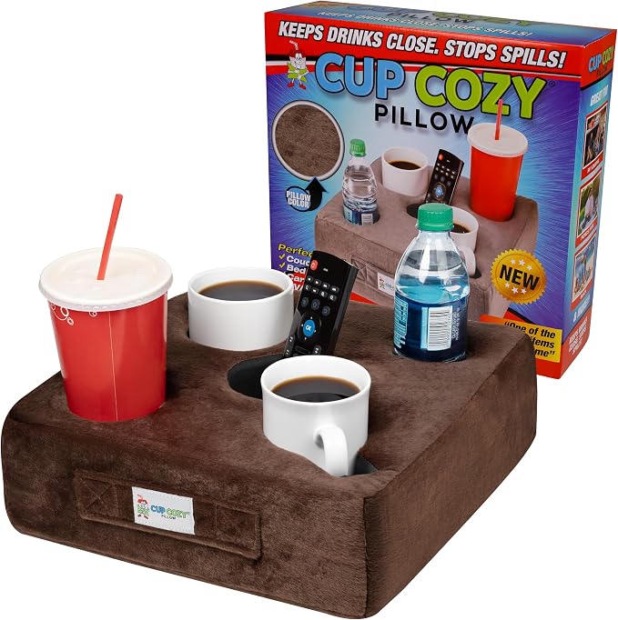 The Original Cup Cozy Pillow Gray-As Seen on TV-The World's Best Couch/Bed/Car Cup Holder for Drinks/Snacks/Remotes! (Brown, 5 Hole)