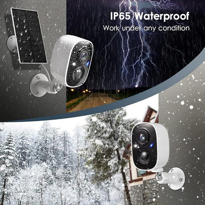 GMK Solar Security Cameras Wireless Outdoor, with Solar Panel 2K Color Night Vision Motion Detection 2-Way Talk Battery Powered WiFi Home Indoor Camera IP65 Weatherproof Cloud/SD Storage 2-Pack