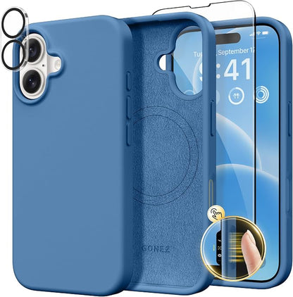 GONEZ Magnetic for iPhone 16 Case, Compatible with MagSafe, [Screen Protector + Camera Lens Protector], Liquid Silicone Shockproof Protective Phone Case for iPhone 16 6.1", Lake Blue