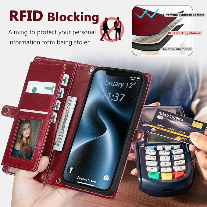 Wallet Case for iPhone 12/12 Pro with Card Holder/Crossbody Wallet/Strap| RFID Blocking | Magnetic | Kickstand | Detachable | PU Leather Phone Case for iPhone 12/12 Pro,6.1 in,Wine Red