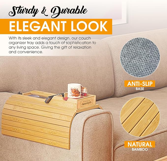 Bamboo Couch Cup Holder Tray with 2 Cork Coasters, Couch Arm Tray, 2 in 1 Anti-Slip Foldable Sofa Arm Tray, Couch Armrest Table, Anti-Spill Couch Arm Table for Drinks TV Remote Cellphone Snacks
