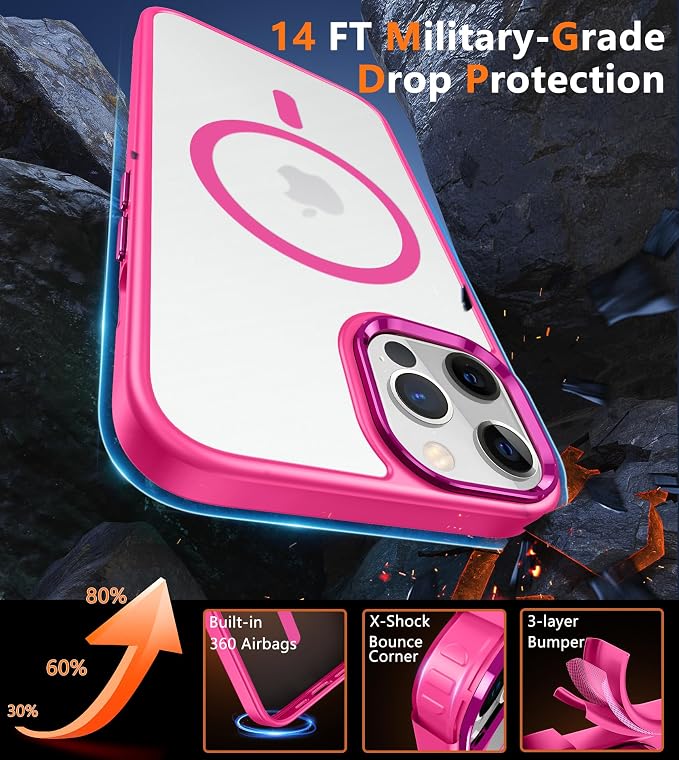 FNTCASE for iPhone 12 Pro Max Case: [Compatible with Magsafe] Translucent Matte Magnetic Phone Cover - Military Grade Drop Protection Shockproof Protective Cases - Hot Pink