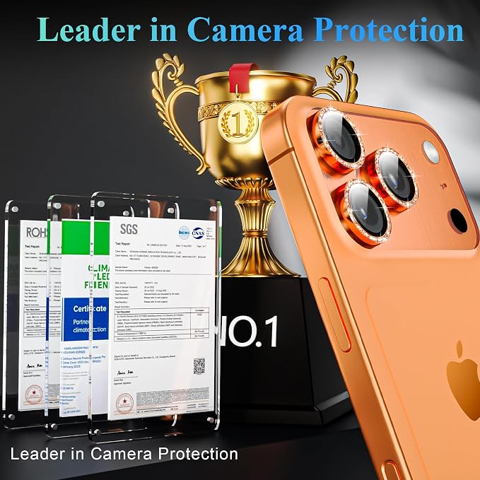 YWXTW Camera Lens Protector for iPhone 17 Pro/iPhone 17 Pro Max, [1 Step Installation Tray] Tempered Glass Screen Protector Metal Individual Camera Cover Accessories Case Friendly (Glitter Orange)
