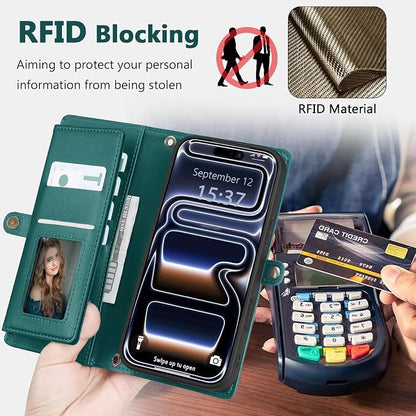 Wallet Case for iPhone 17 Pro with Card Holder/Crossbody Wallet/Strap,[RFID Blocking][Magnetic] PU Leather Phone Case for iPhone 17 Pro,6.3 in,Green