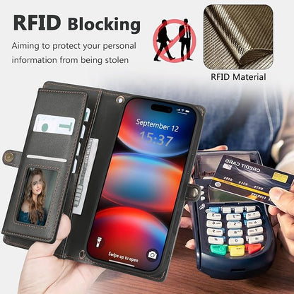 Wallet Case for iPhone 17 Pro Max with Card Holder/Crossbody Wallet/Strap,[RFID Blocking][Magnetic] PU Leather Phone Case for iPhone 17 Pro Max,6.9 in,Black