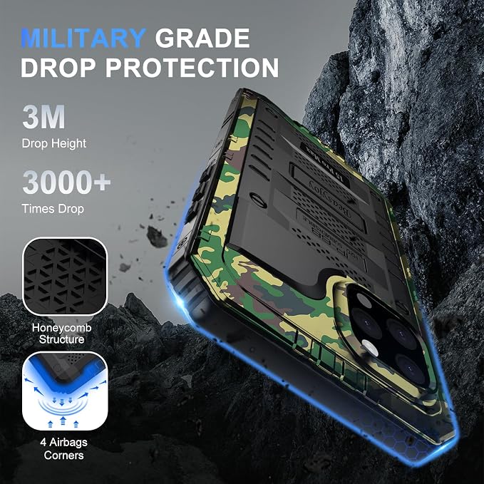 Beasyjoy Compatible with iPhone 15 Pro Max Case Waterproof, Metal Heavy Duty Full Body Protective Case with Built-in Screen Protector, Military Grade Shockproof Defender Rugged Cover 6.7", Camo