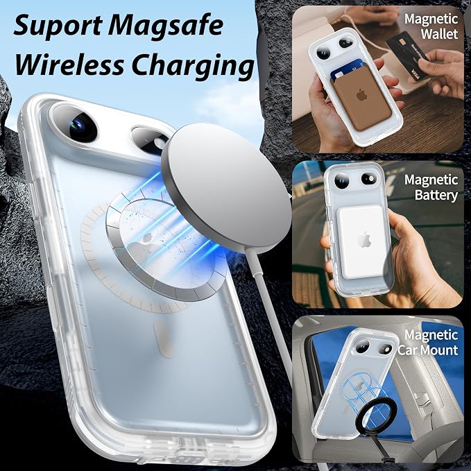 SPORTLINK for iPhone Air Case, IP68 Waterproof Military Protective Full Body Heavy Duty Shockproof 360 Sealed Dustproof with Camera Screen Protector Phone Cover for iPhone Air 6.5" Mag/Frosted Clear