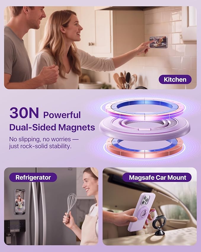 andobil [2026 3rd Gen] Magnetic Phone Grip for MagSafe [360° Rotatable & Ultra-Stable] Two-Sided Magnet Cell Phone Ring Holder Compatible with MagSafe Accessories, iPhone 17 Air 16 15 Pro Max, Purple