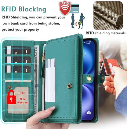 for Wallet Case Compatible with iPhone 16 Plus,Multi-Function Detachable 2 in 1 Magnetic iPhone 16 Plus Wallet,Flip Strap Zipper Card Holder Phone Case with Shoulder Straps (Green)