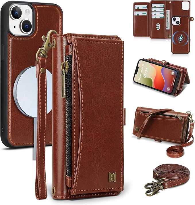 Wallet Case for iPhone 14 Plus with Card Holder/Crossbody Wallet/Strap| RFID Blocking | Magnetic | Kickstand | Detachable | PU Leather Phone Case for iPhone 14 Plus,6.7 in,Brown