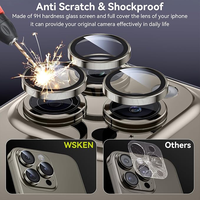 WSKEN for iPhone 15 Pro/iPhone 15 Pro Max Camera Lens Protector,[Keep Original Shooting] Shatterproof 9H Tempered Glass Camera Screen Protector Metal Ring Cover Film Accessories,Grey Titanium