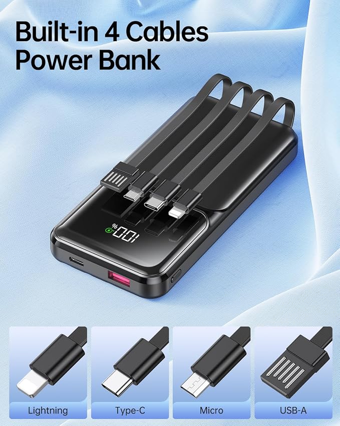 RONEGN Portable Charger with Built in Cable -20000mAh Fast Charging Power Bank USB C Slim 22.5W LED Display Battery Pack 5 Outputs & 3 Inputs for Travel Essentials iPhone Samsung Phones Black