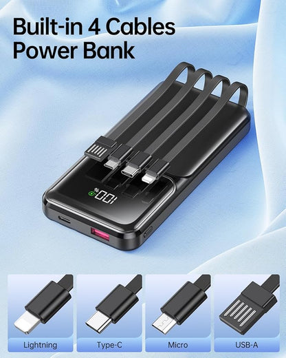 RONEGN Portable Charger with Built in Cable -20000mAh Fast Charging Power Bank USB C Slim 22.5W LED Display Battery Pack 5 Outputs & 3 Inputs for Travel Essentials iPhone Samsung Phones Black
