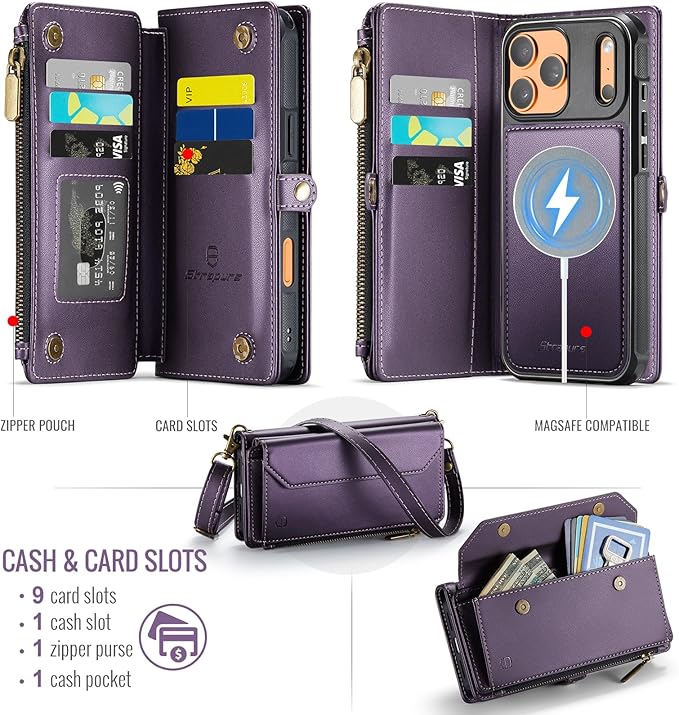 Strapurs for iPhone 17 Pro Max Detachable Wallet Case Compatible with Magsafe, RFID Blocking 9-Card Holder Zipper Strap Lanyard PU Leather Magnetic Phone Case for iPhone 17 Pro Max 6.9", Purple
