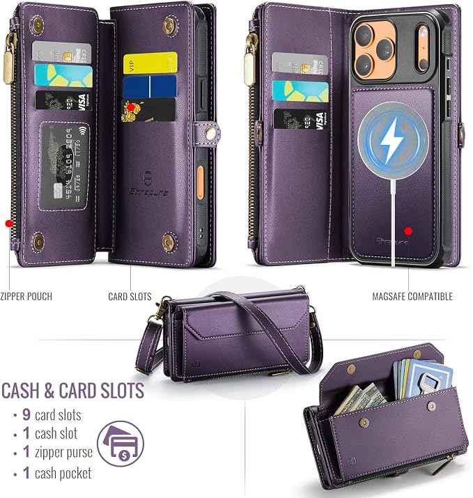 Strapurs for iPhone 17 Pro Detachable Wallet Case Compatible with Magsafe, RFID Blocking 9-Card Holder Zipper Wrist Strap Lanyard PU Leather Magnetic Phone Case for iPhone 17 Pro 6.3", Purple