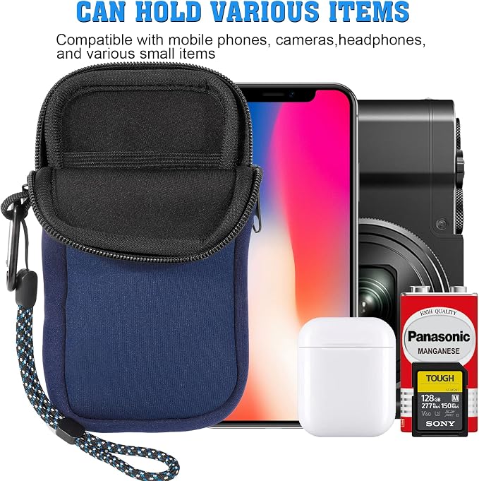 Pwsap Phone Sock, Universal Shock & Impact Resistant Neoprene Pouch with Carabiner and Lanyard Strap Sleeve Case for Hiking & Travelling Phone Bag Fits Phones up to 7 Inches, Blue, M
