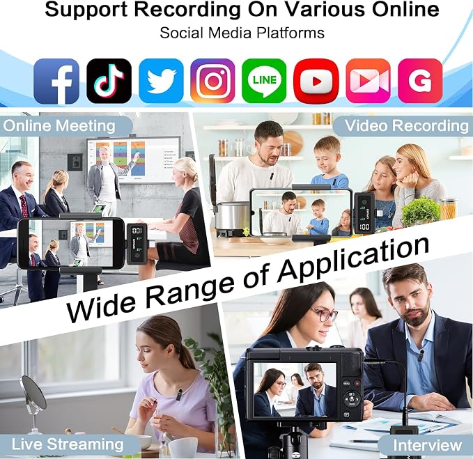 3 in 1 Wireless Microphone for iPhone, Android, Camera,Wireless Lavalier Microphone, Noise Cancellation with 45 Hours Transmitter Digital Display Charging Case for Video Recording, Streaming