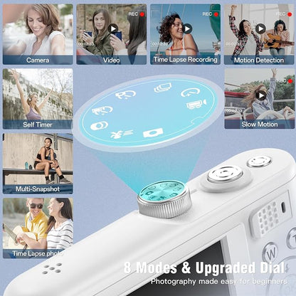 Digital Camera, 4K Vlogging Camera with 64MP, Point and Shoot Digital Cameras with 18X Zoom, Anti-Shake, Mode Dial, 32GB SD Card, Card Reader, Charger, Compact Small Cameras, Off White